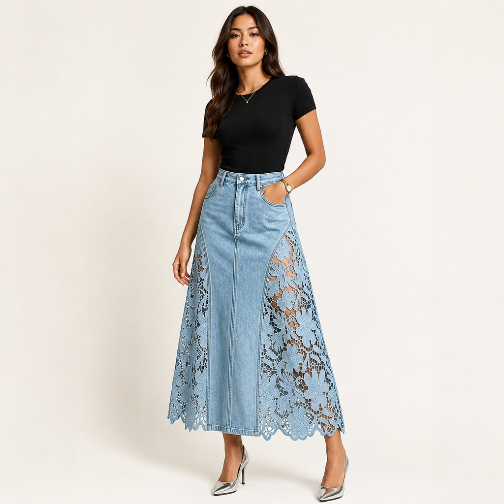 The Savannah Lace Denim Skirt