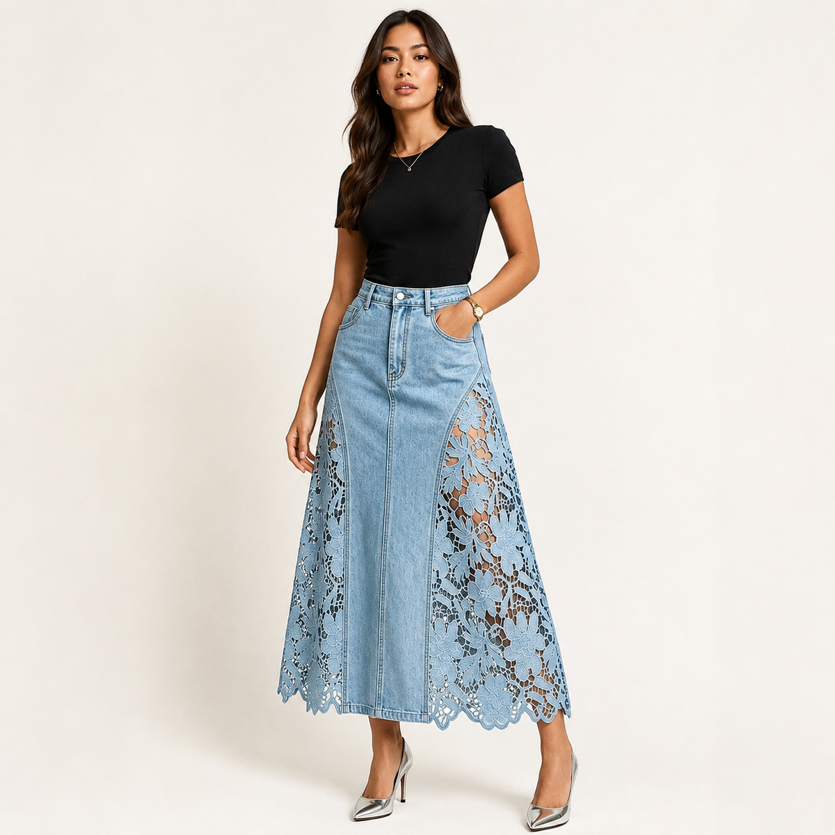 The Savannah Lace Denim Skirt