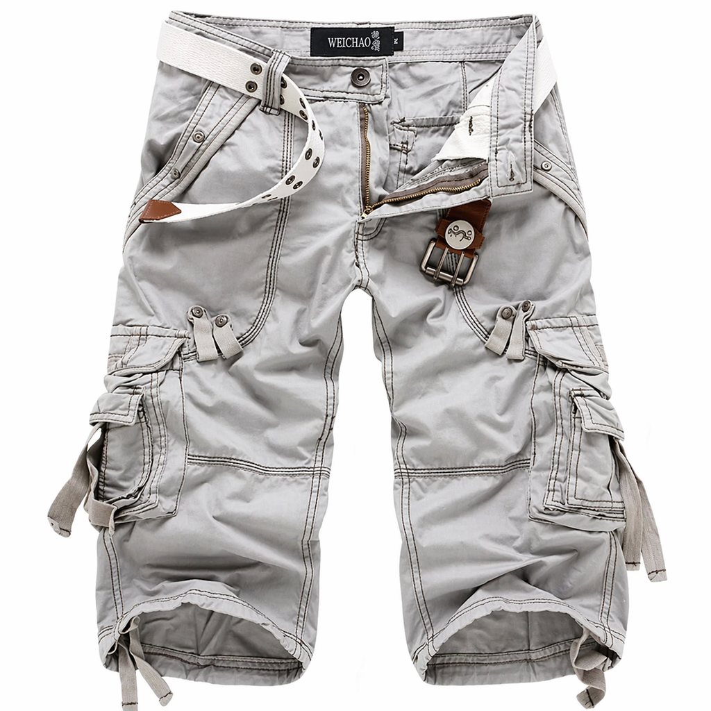 Light gray cargo shorts with multiple pockets on a white background