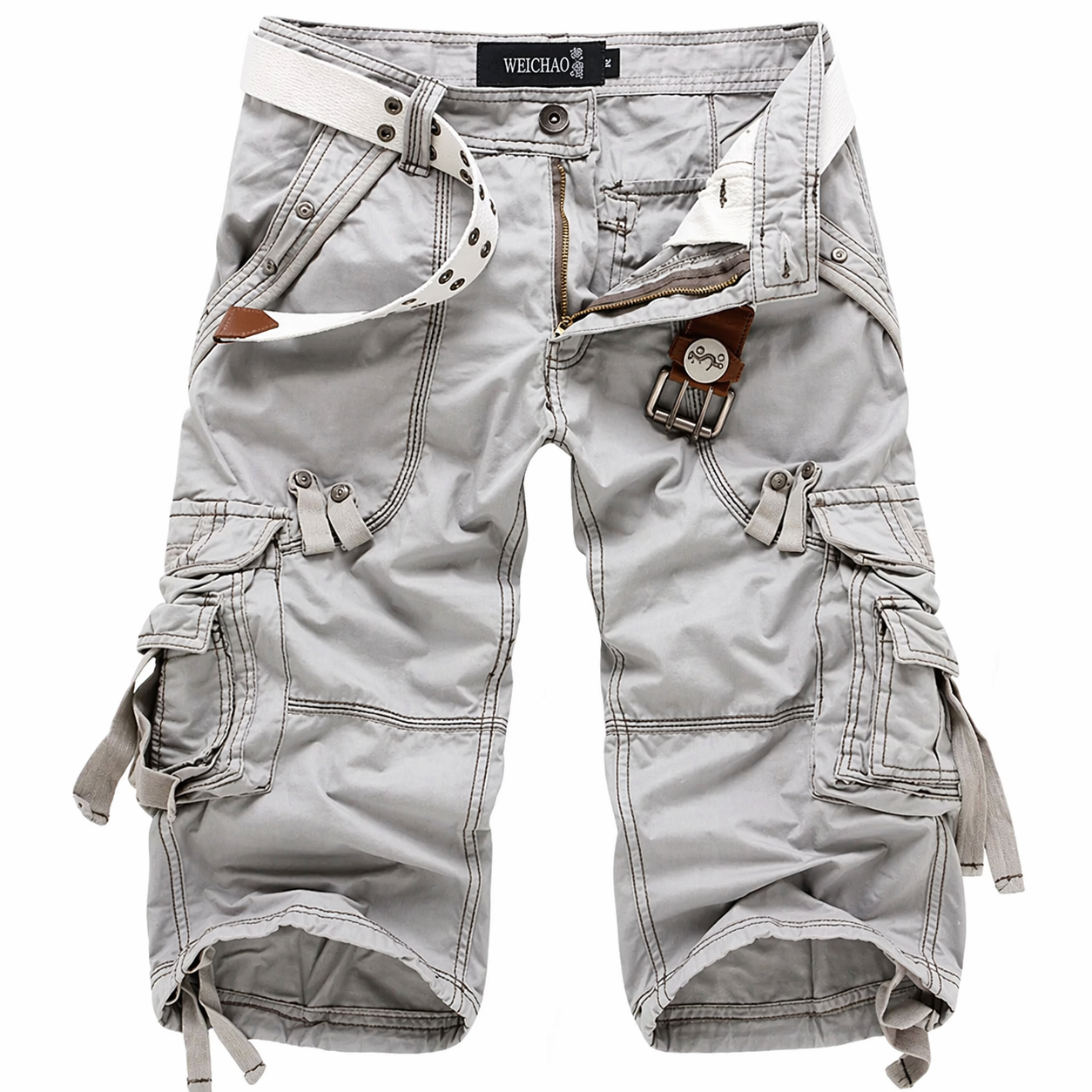 Light gray cargo shorts with multiple pockets on a white background