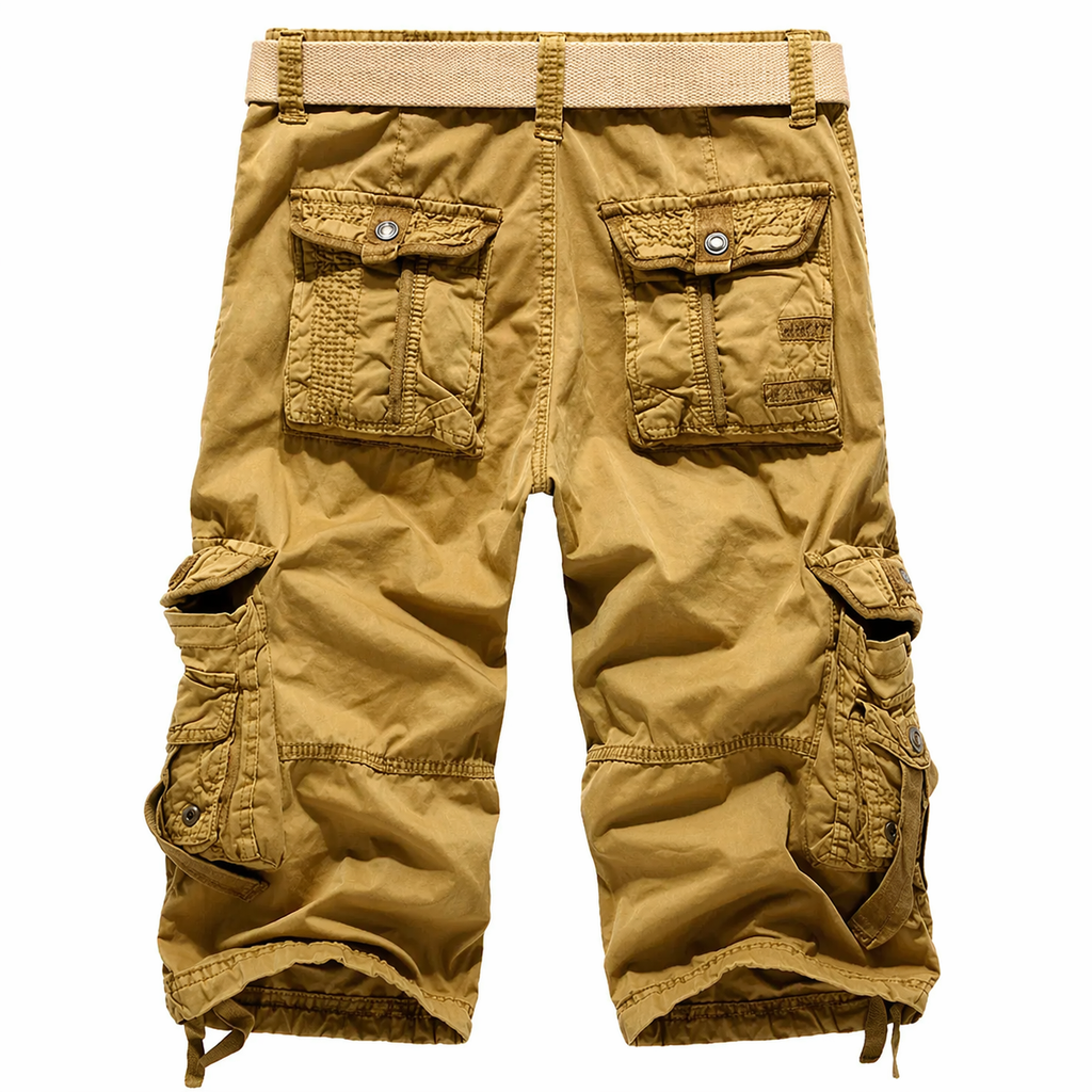 Tan cargo shorts with multiple pockets on a white background