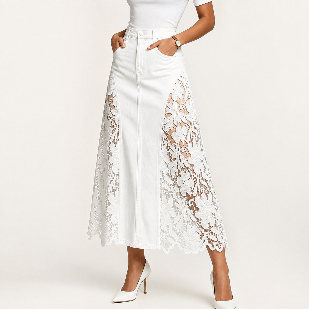 The Savannah Lace Denim Skirt