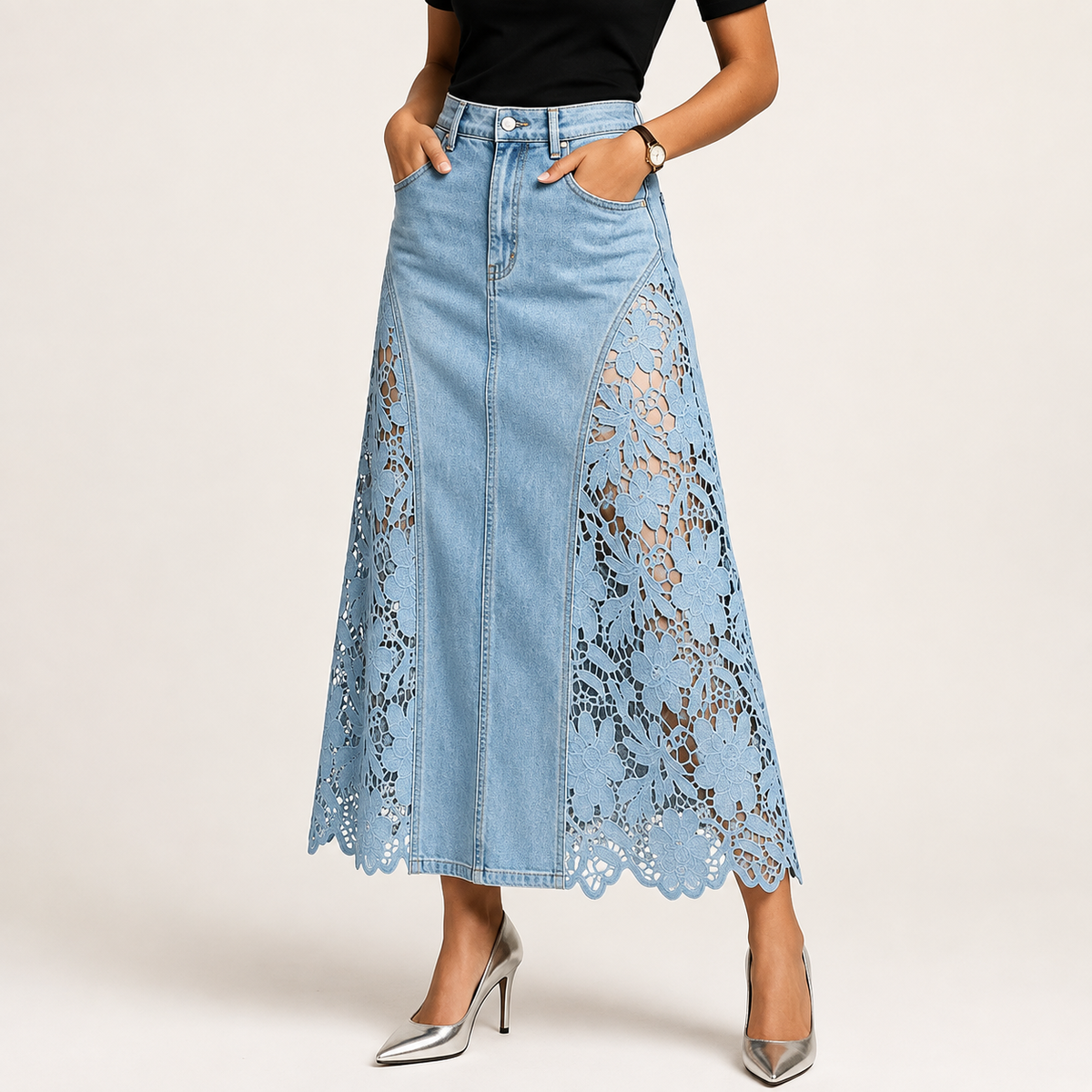 The Savannah Lace Denim Skirt