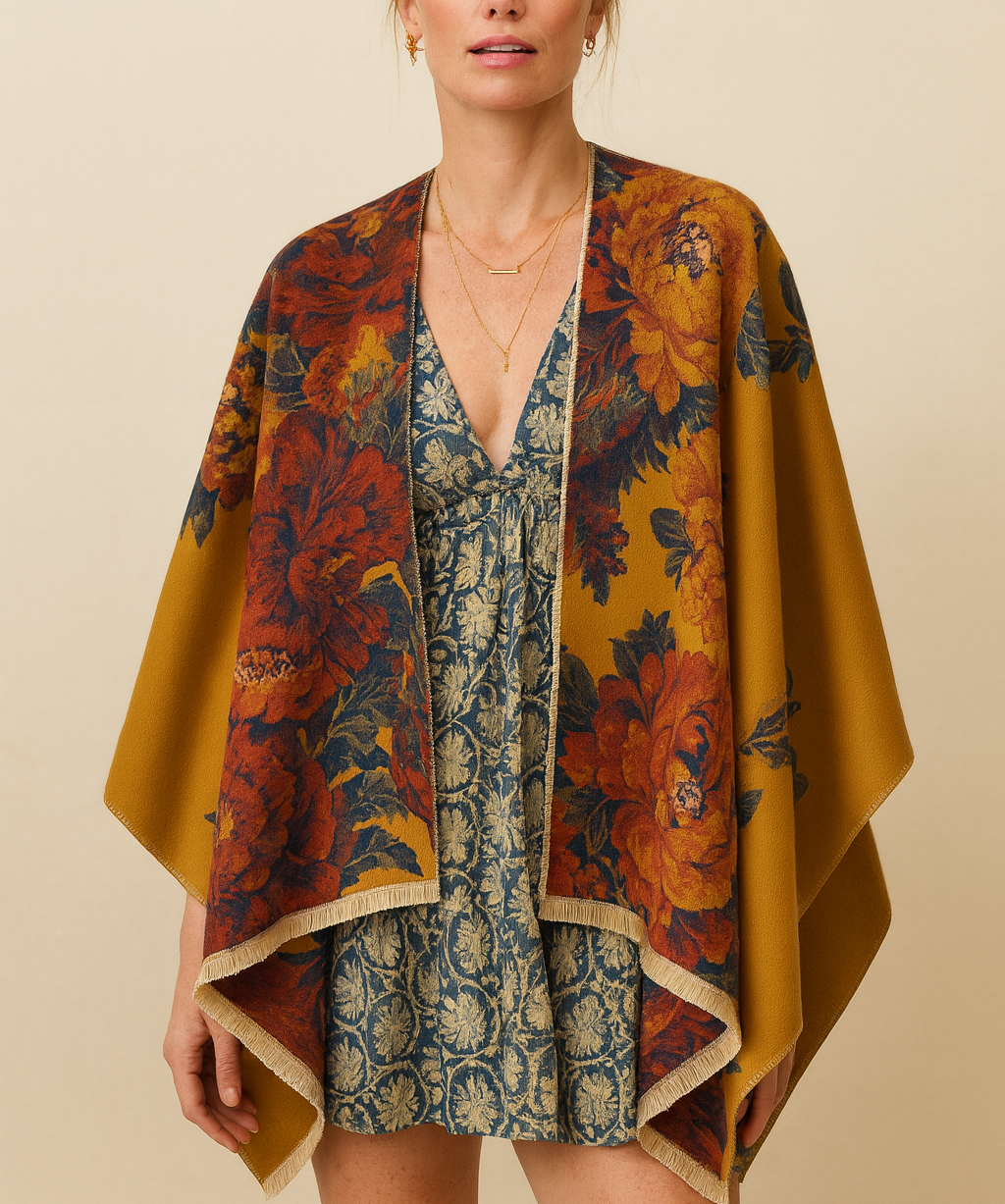 A woman wearing a mustard and red floral shawl draped over her shoulders, styled with a blue patterned dress.