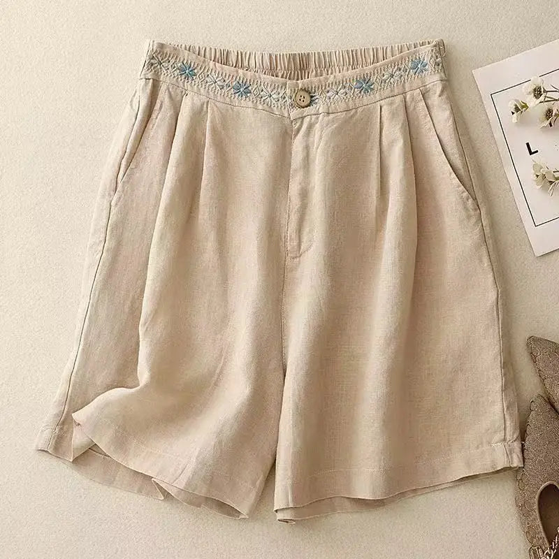 Daisy Embroidered Linen Short