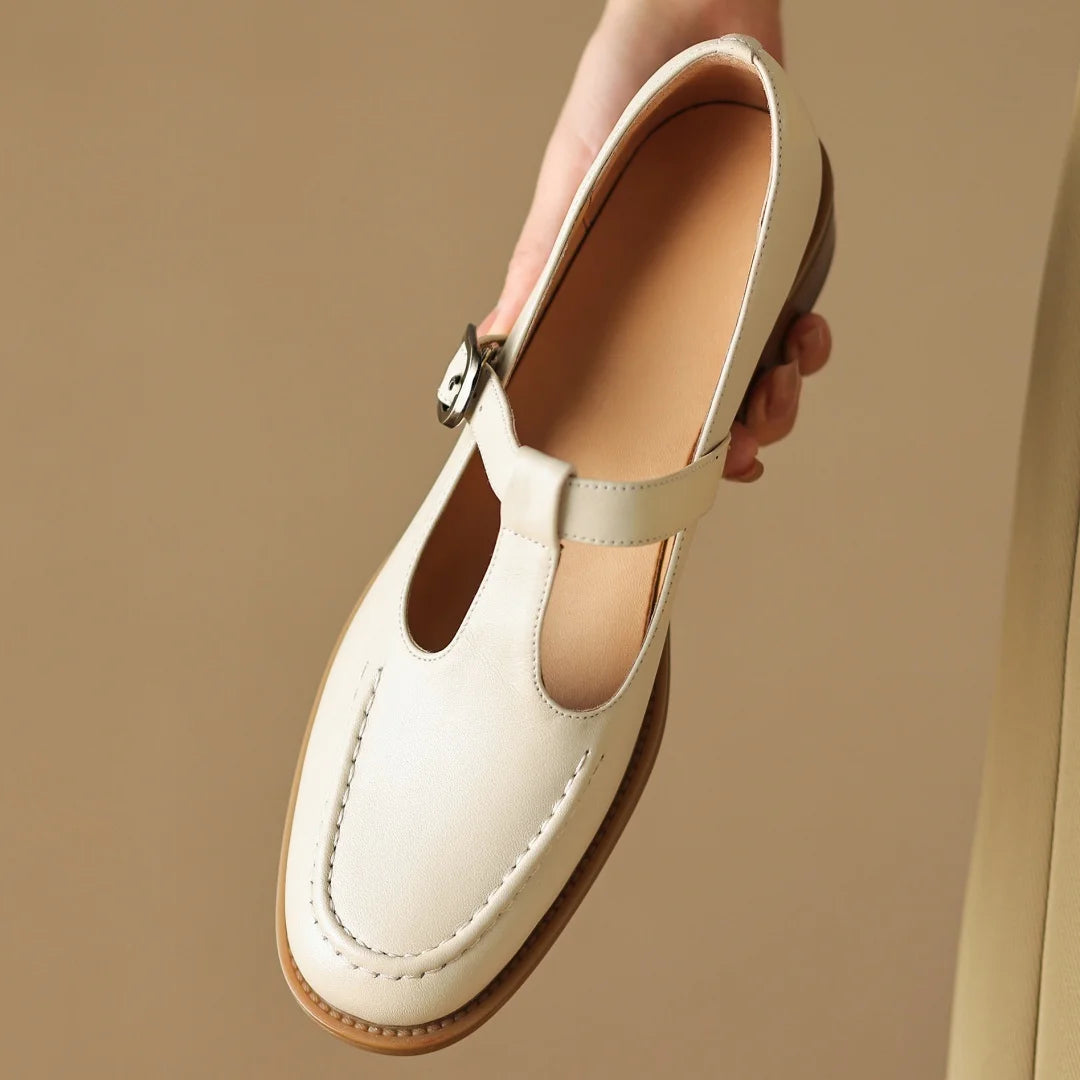 Clara Genuine Leather T-Strap Flat