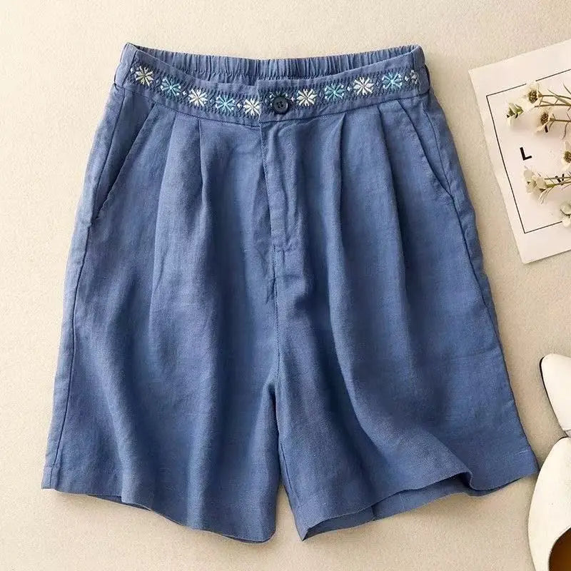 Daisy Embroidered Linen Short