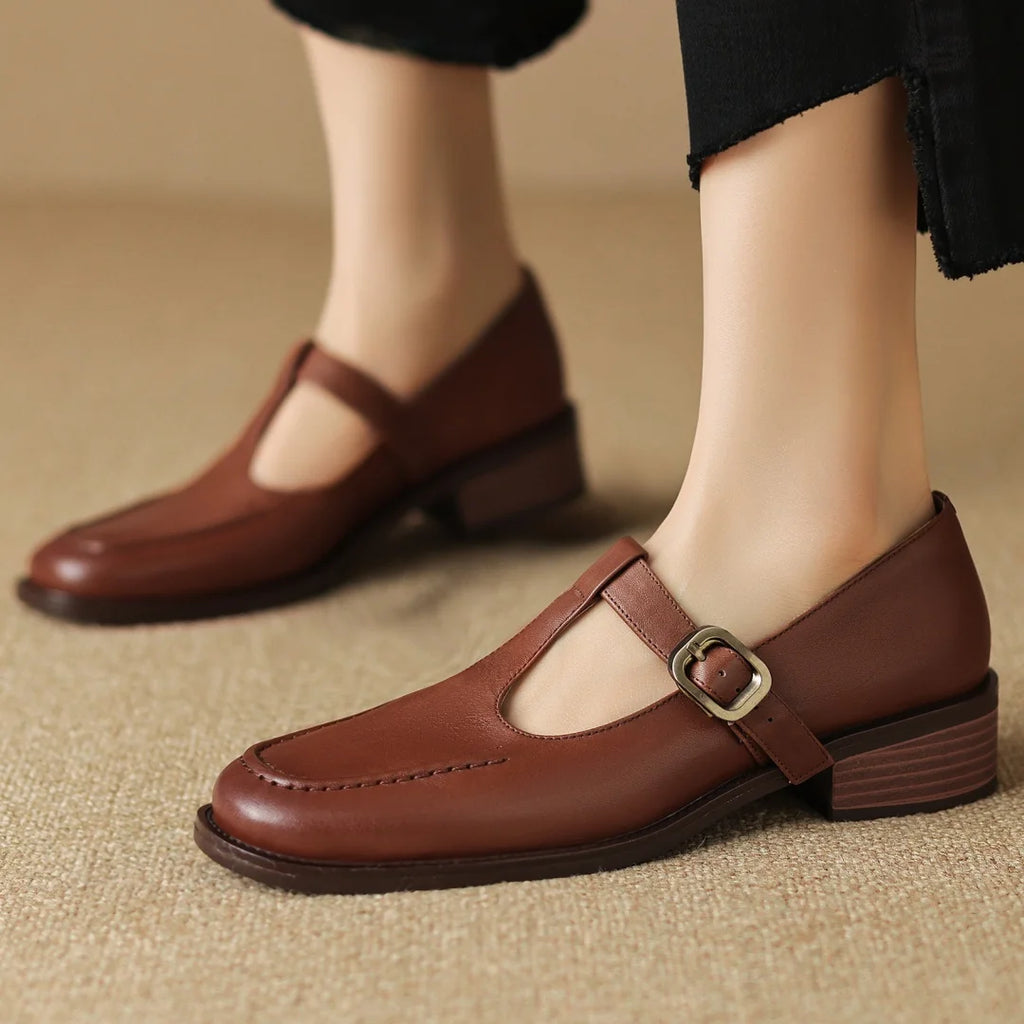 Clara Genuine Leather T-Strap Flat