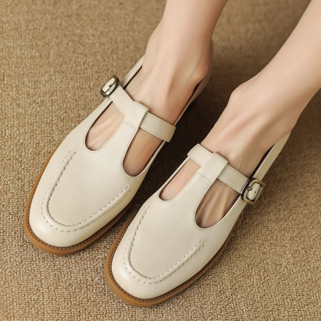 Clara Genuine Leather T-Strap Flat
