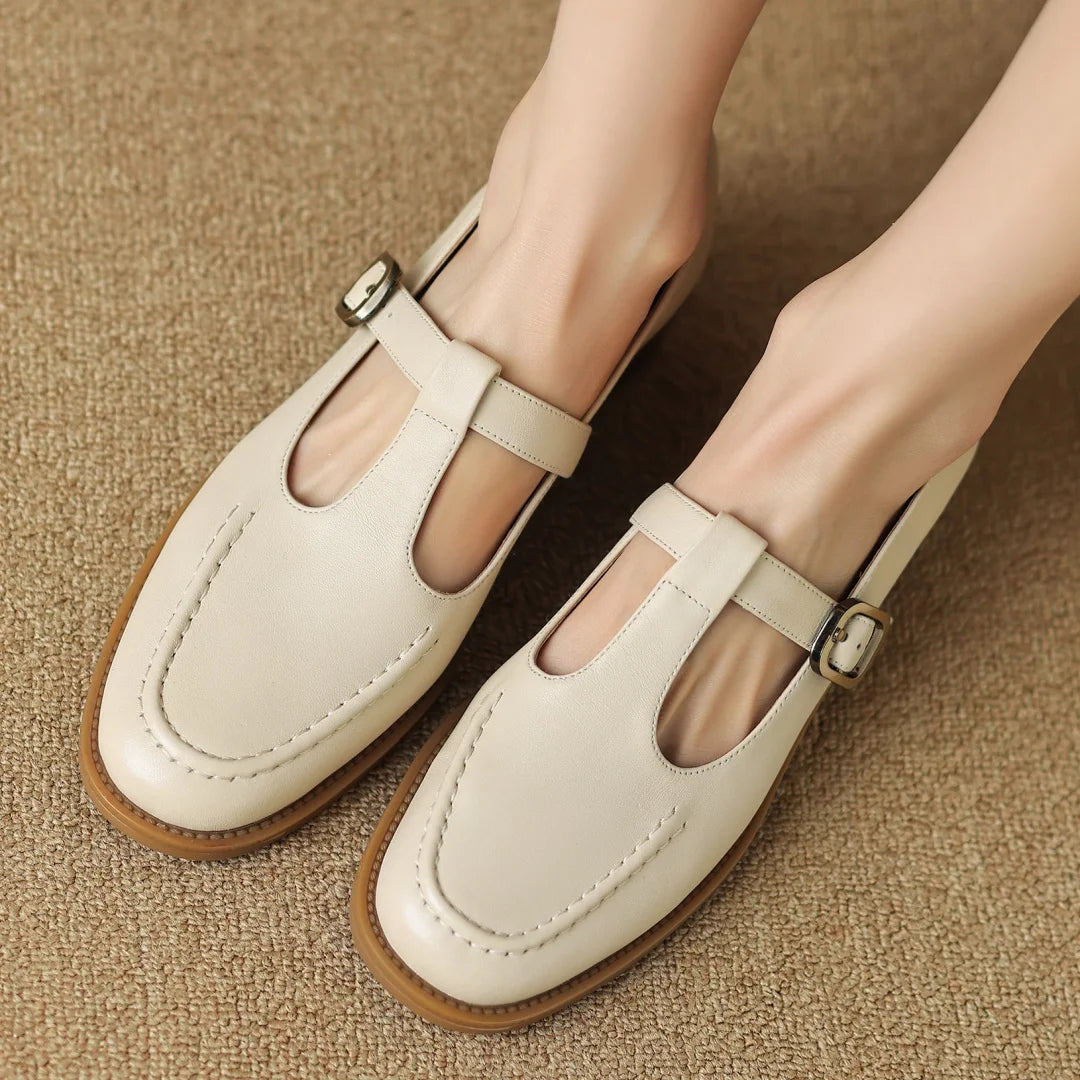 Clara Genuine Leather T-Strap Flat