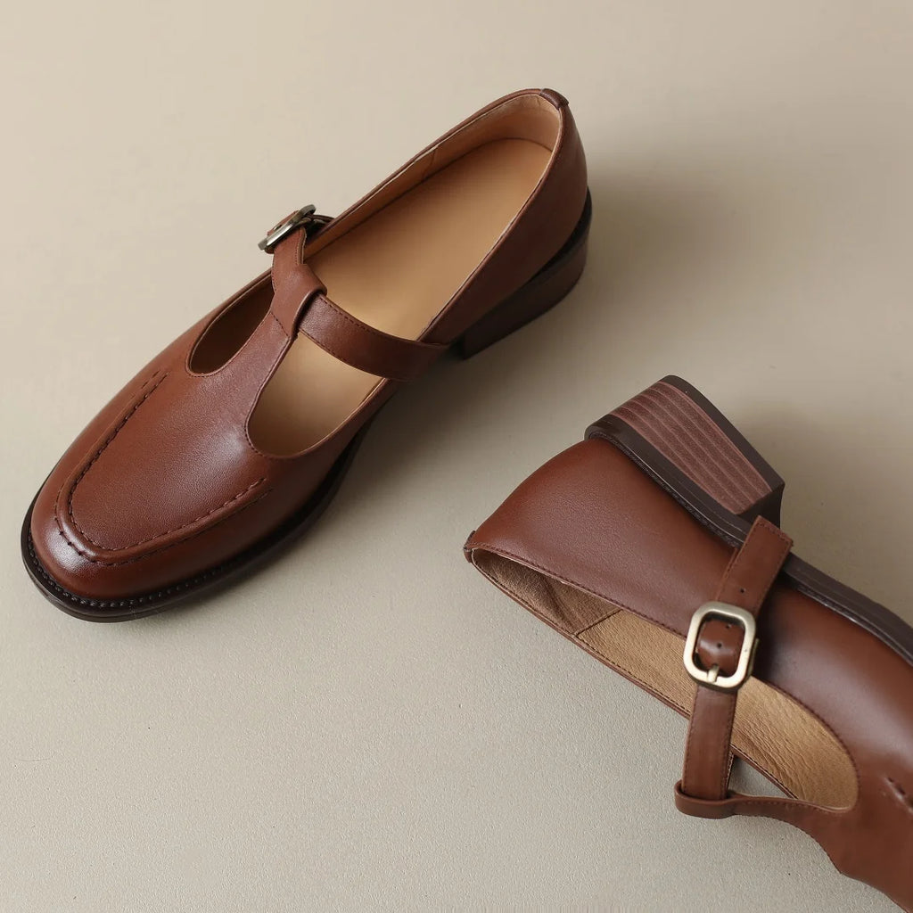 Clara Genuine Leather T-Strap Flat