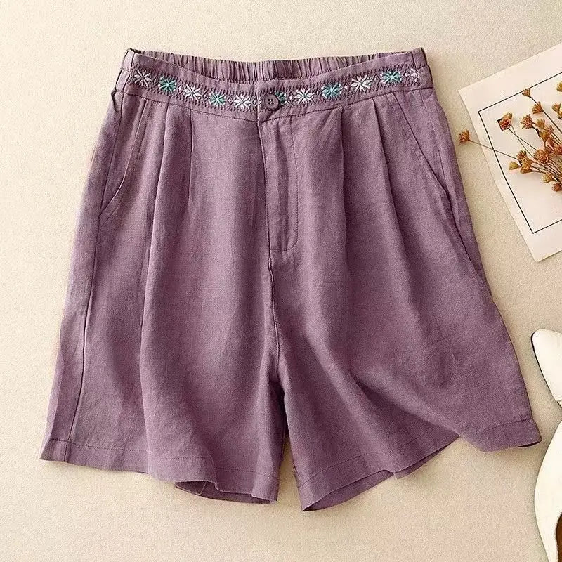 Daisy Embroidered Linen Short