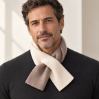 Mature male model wearing the Alden Taupe & Ivory scarf over a charcoal knit sweater