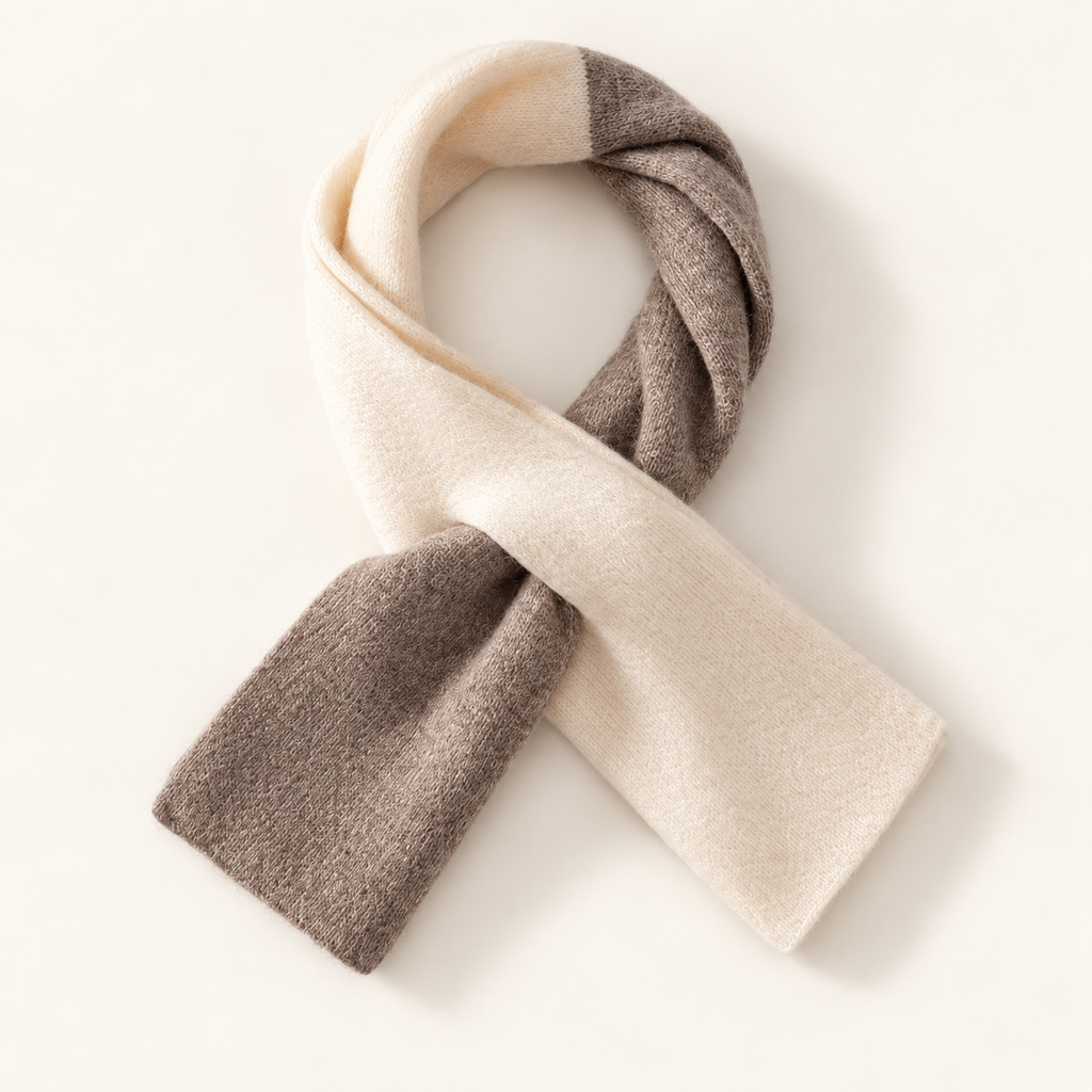 Alden two-tone wool scarf in Taupe & Ivory, styled in its pull-through shape on warm cream