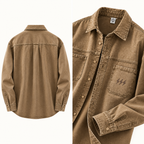 Tan Harland Washed Overshirt showing the back view and a close-up of the collar, chest pockets, and cuff against a white background.