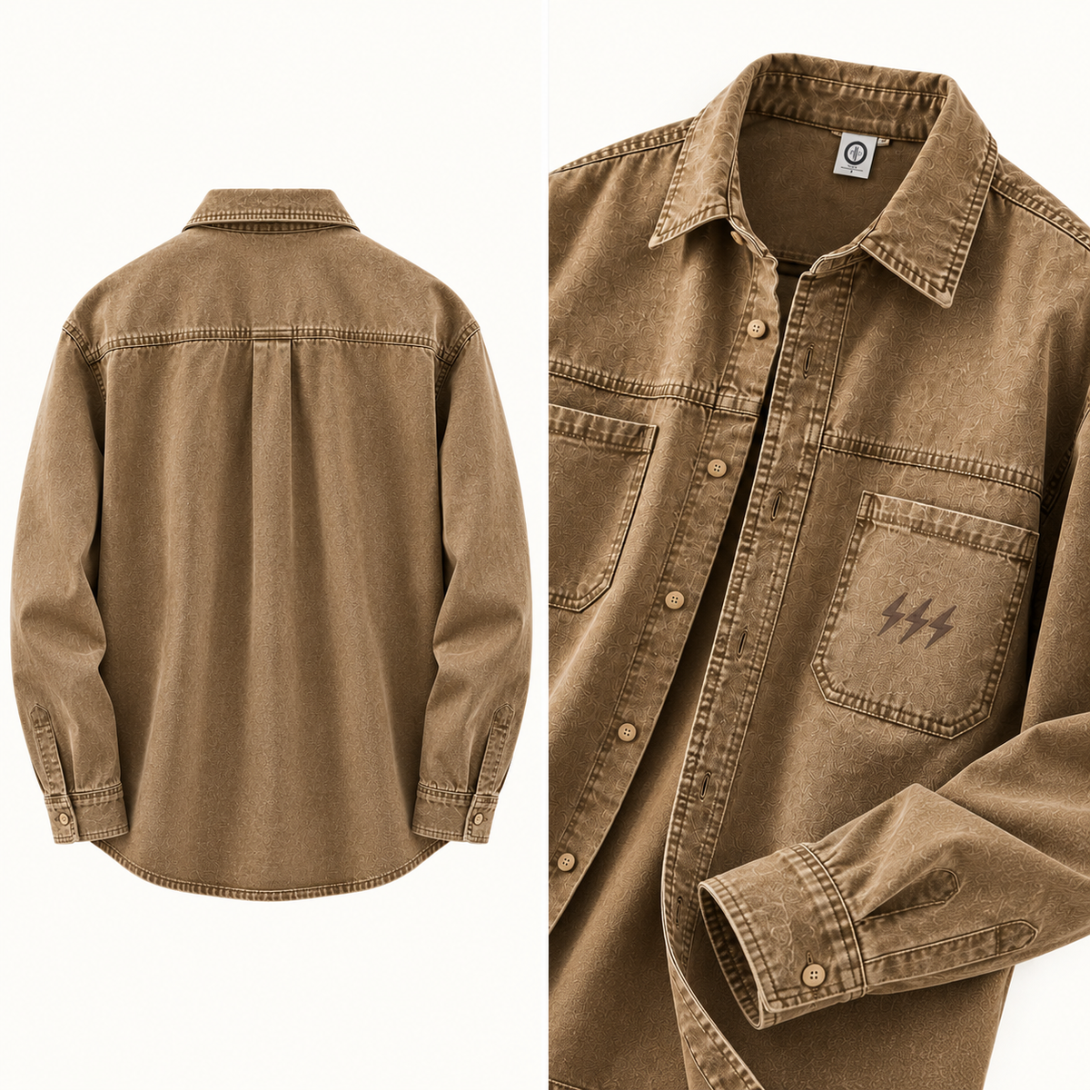 Tan Harland Washed Overshirt showing the back view and a close-up of the collar, chest pockets, and cuff against a white background.