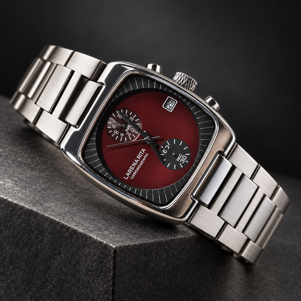 Claret Red square chronograph watch on graphite stone with sculpted studio lighting