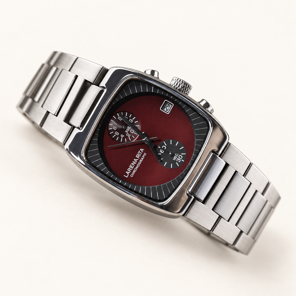 Claret Red Langford square chronograph watch with stainless steel bracelet on a warm cream background